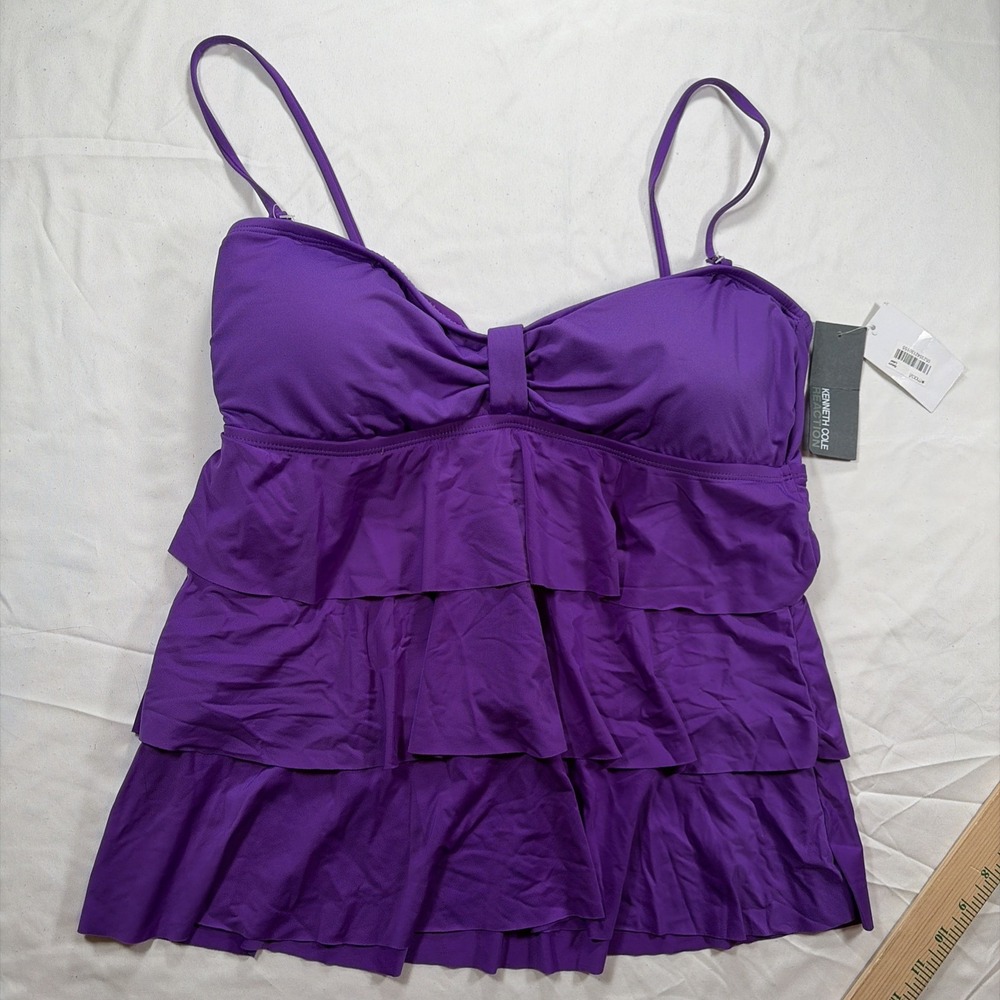NWT Kenneth Cole Reaction Swimsuit Tankini Top Size Large Bandeau Ruffles Purple